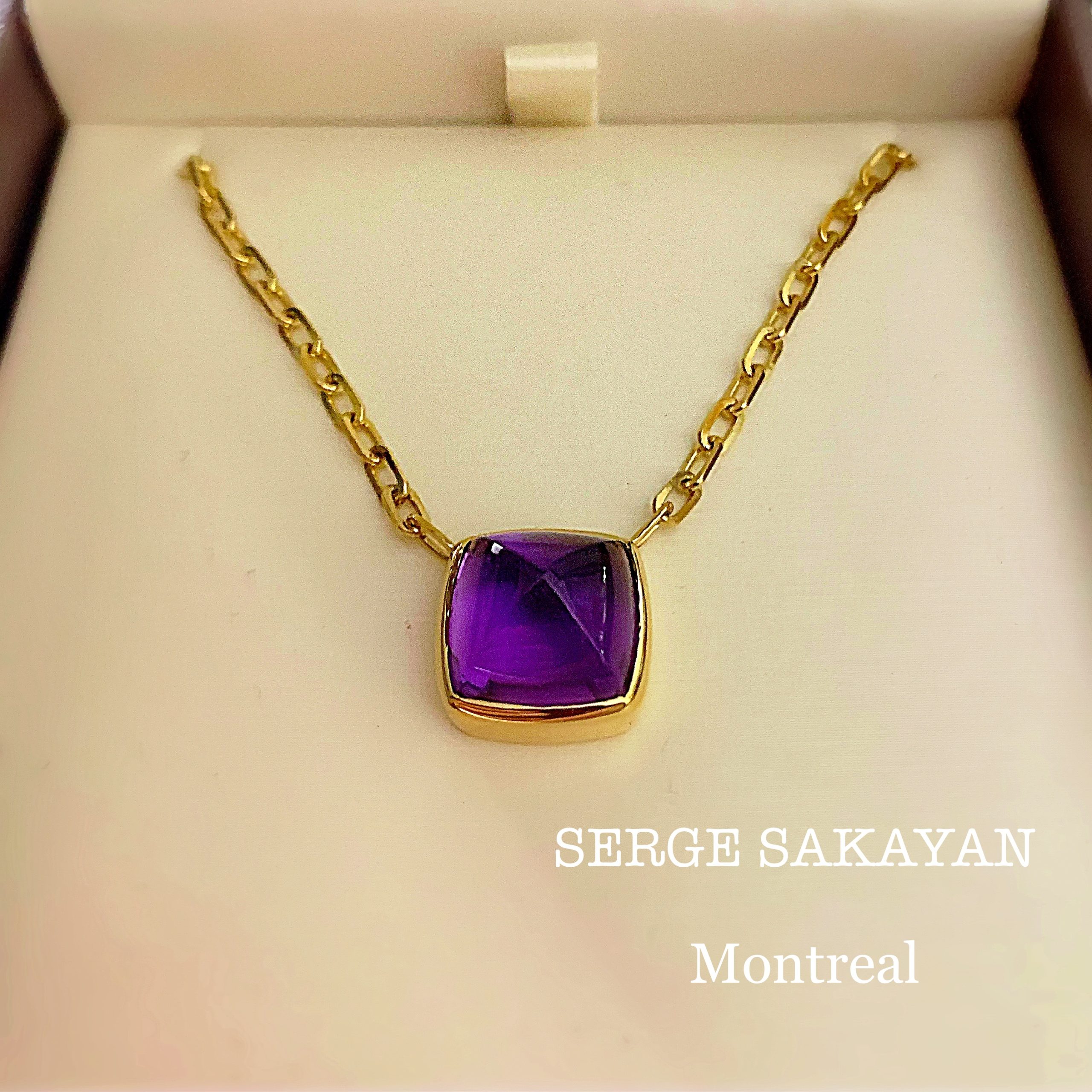 Single Amethyst Pyramid Capuchon Necklace in 14k Yellow Gold.